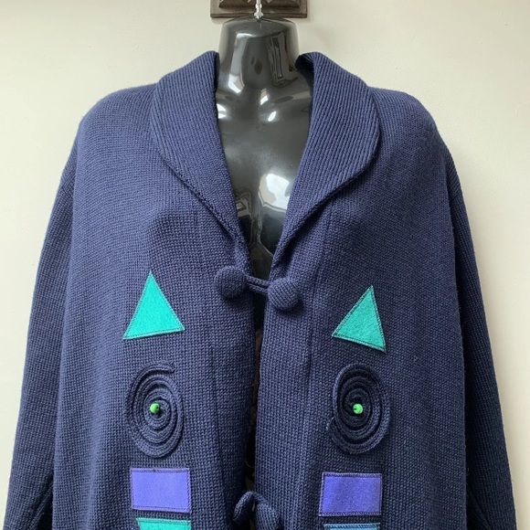 Vintage long line cardigan size medium pure wool with suede patches - Picture 5 of 10